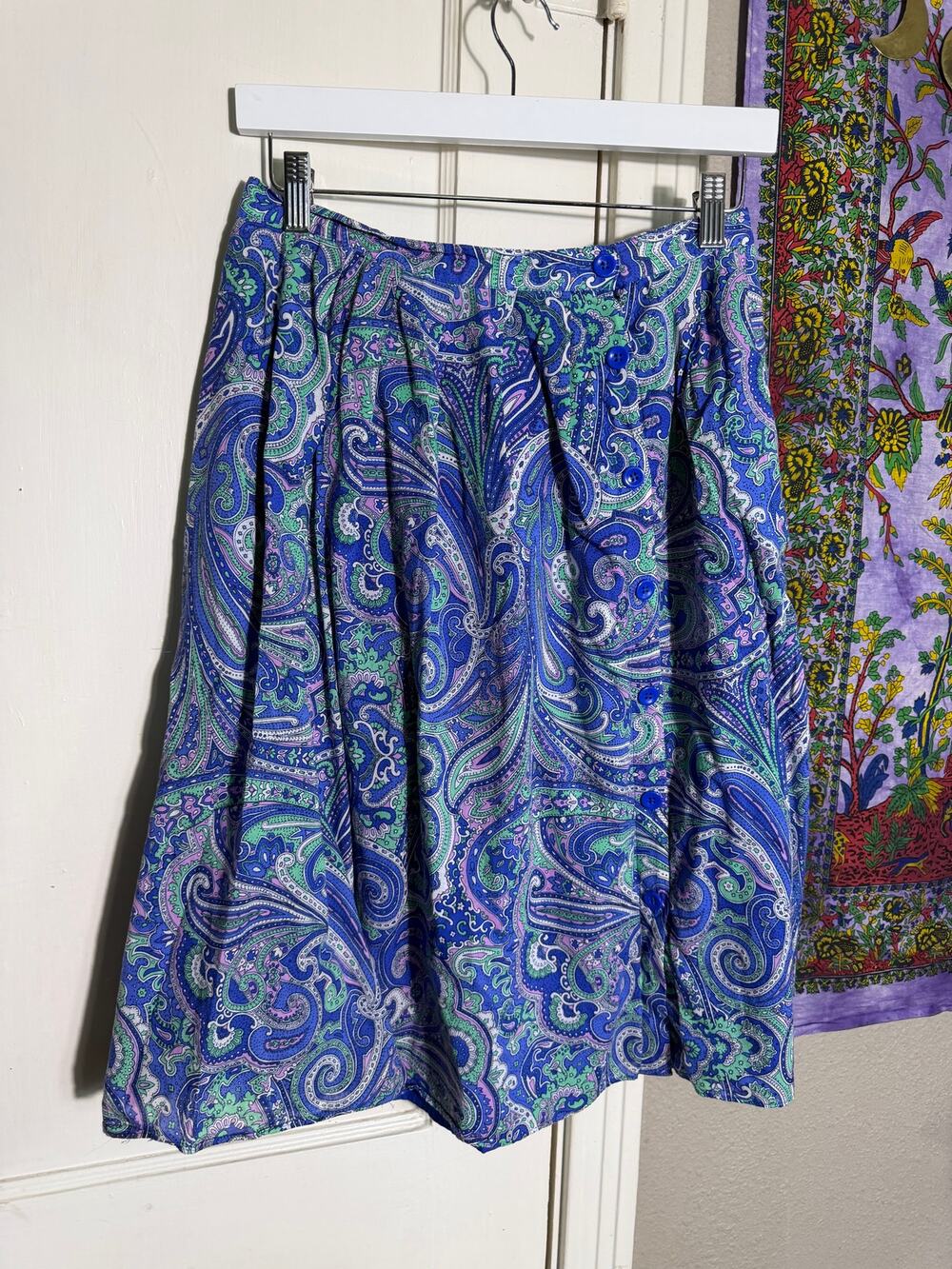 Talbots Petite 6P Paisley Midi Skirt Blue Green Purple Button Front A Line